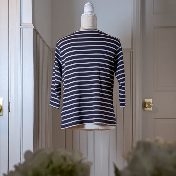 L.L.Bean Navy White Striped Cotton Long Sleeve Top L Petite - Picture 2 of 6